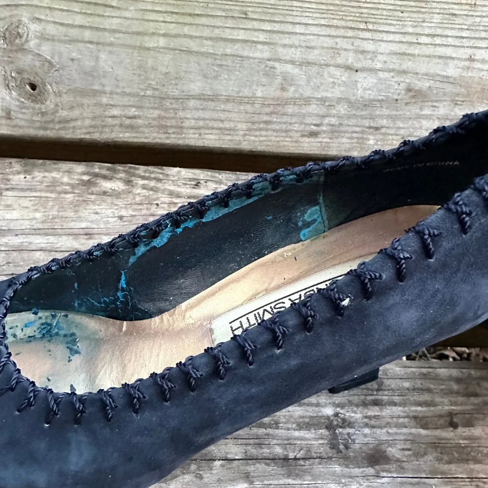 Vintage Amanda Smith Marilyn Kid Suede Pumps Pointed Toe Heels Navy Blue‎ Sz 9.5
